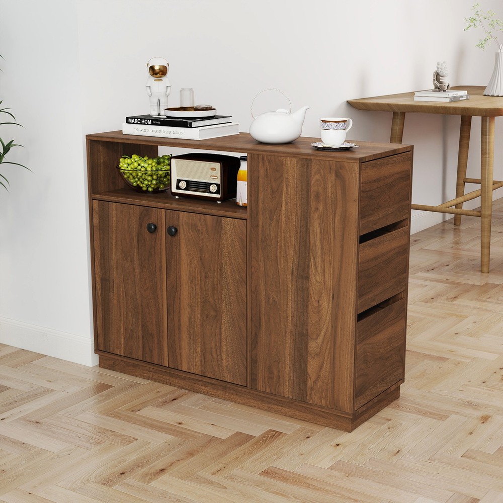 Small Kitchen Sideboard with Glass Sliding Doors, 3 Drawers & Display Shelf