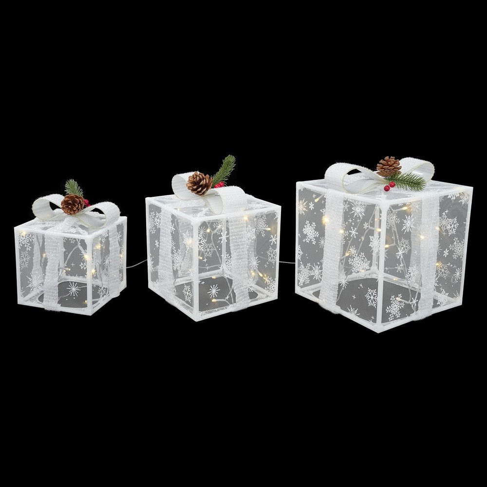 Set Of 3 Lighted Gift Boxes, 50 White Lights Present Box Lighted Display Decor