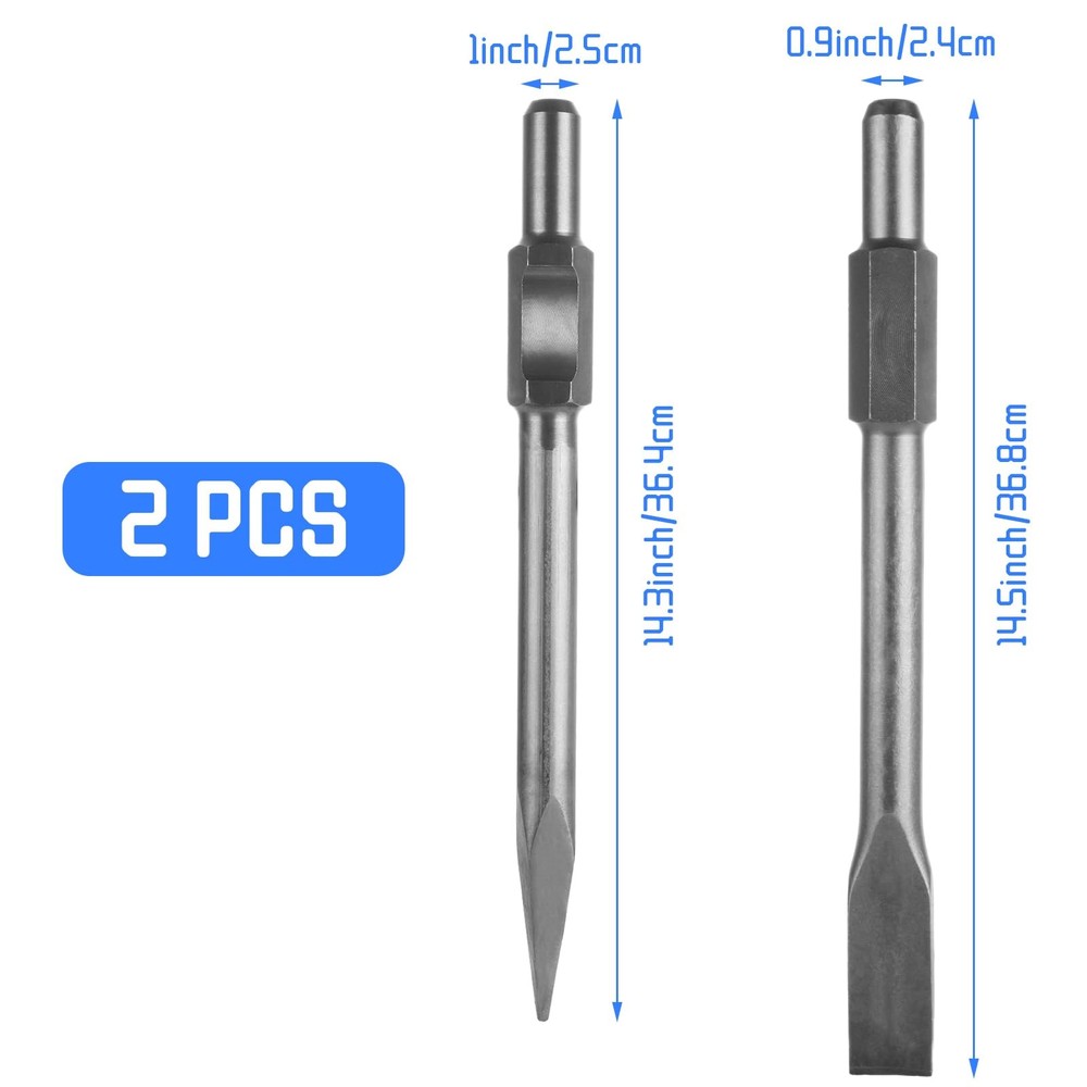 2 PCS Jack Hammer Chisel 1-1/8” Hex Jack Hammer Bits Point and Flat Concrete ...