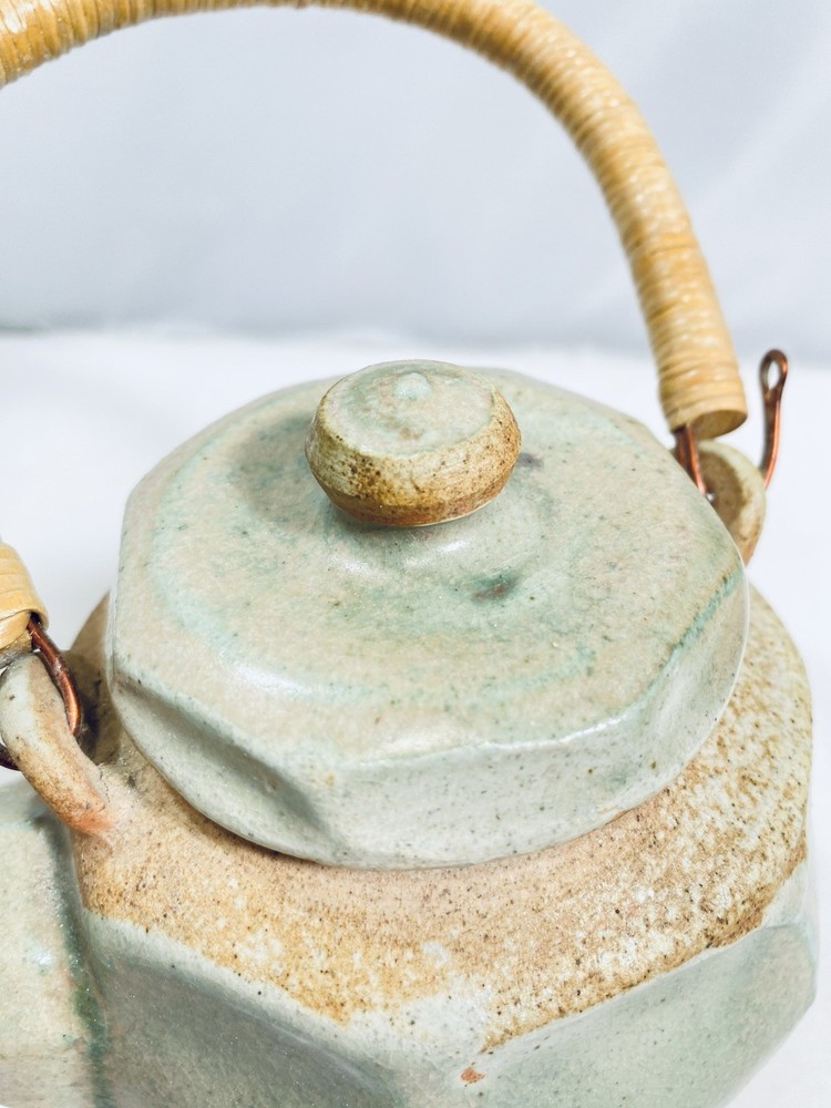 Studio Pottery Celadon Teapot Small Ceramic Rattan Wrapped Handle