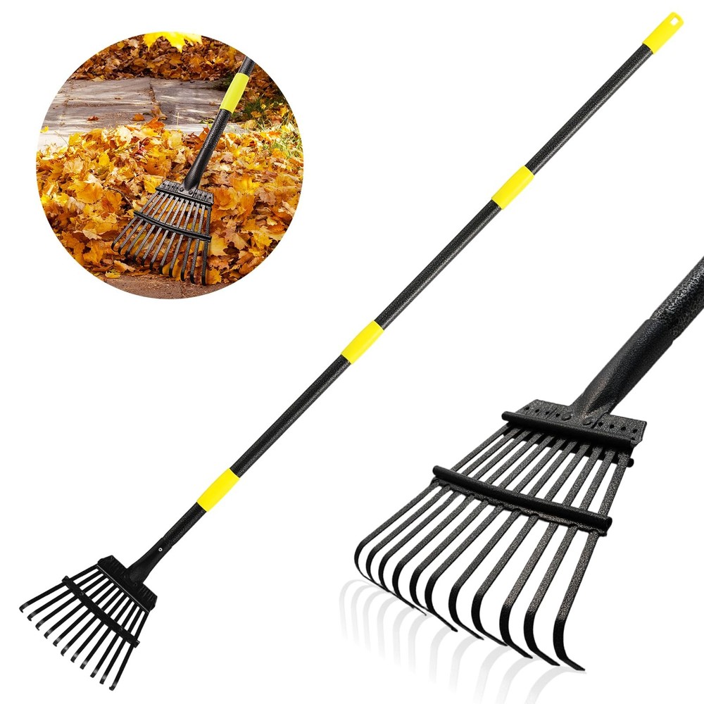 Leaf Rake, Small Rake for Leaves with 30-75 Adjustable Long Handle, 11 Tines ...