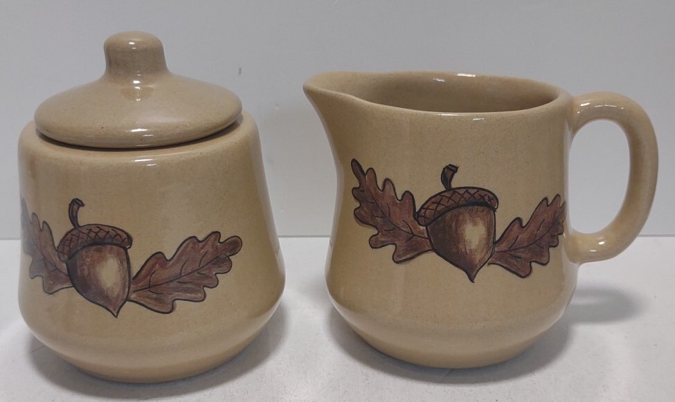 Rustic Studio Pottery Creamer Sugar Bowl Set Acorn Oak Leaf Signed June & Paul