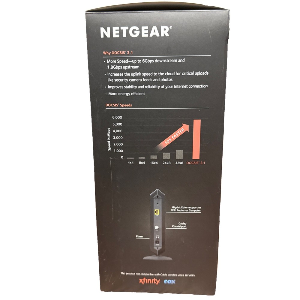 NETGEAR CM1000 Cable Modem DOCSIS 3.1 6Gbps Ethernet Xfinity Cox Black