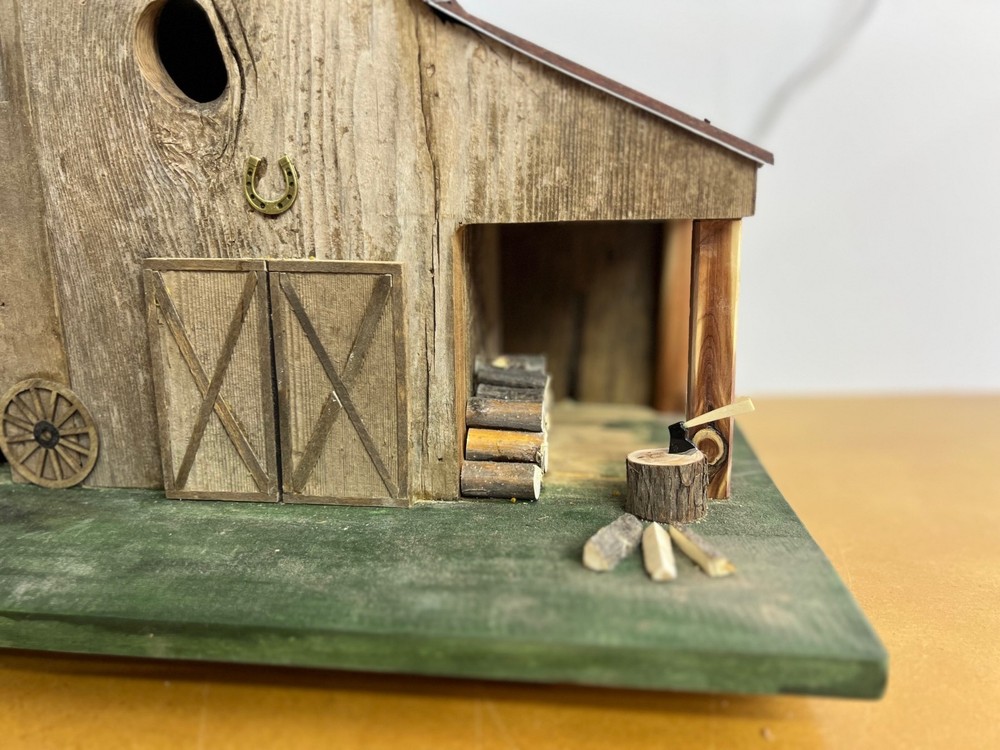 Handcrafted Rustic Barn Birdhouse with Tractor
