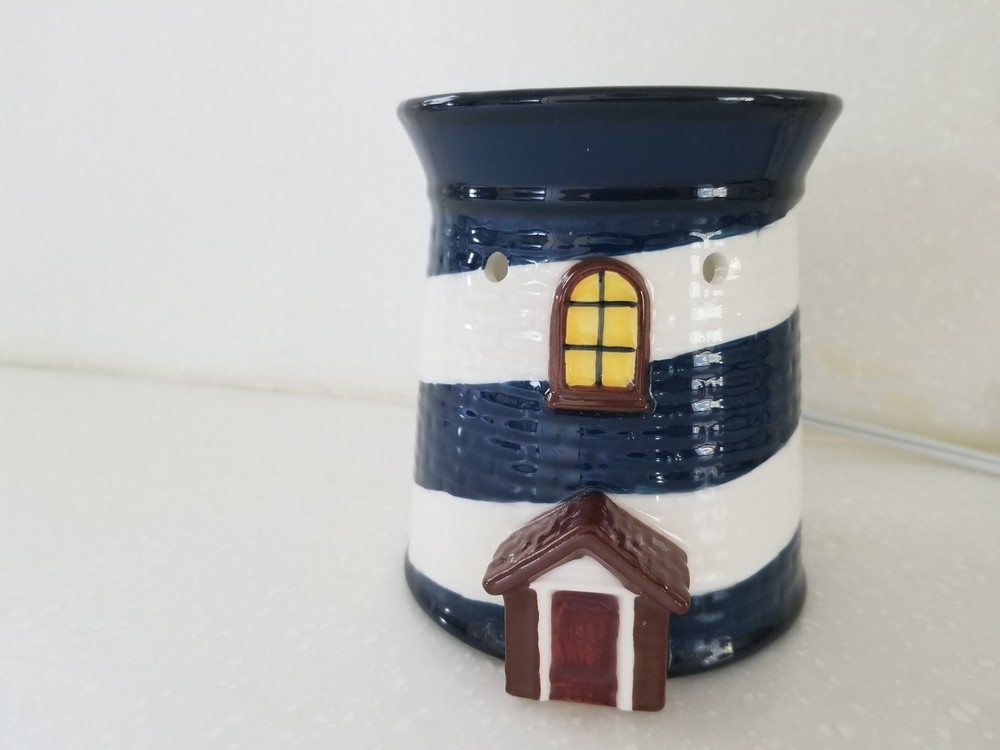 Ceramic Lighthouse Table Lamp Night Light Blue & White 5" x 4"