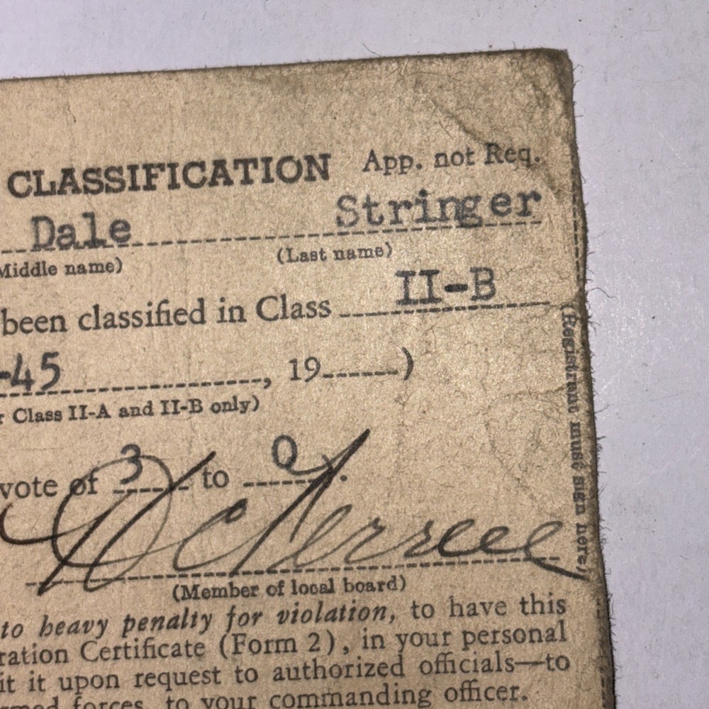 Notice Of Classification DSS Form 57 Class II-B 9/25/45 James Stringer
