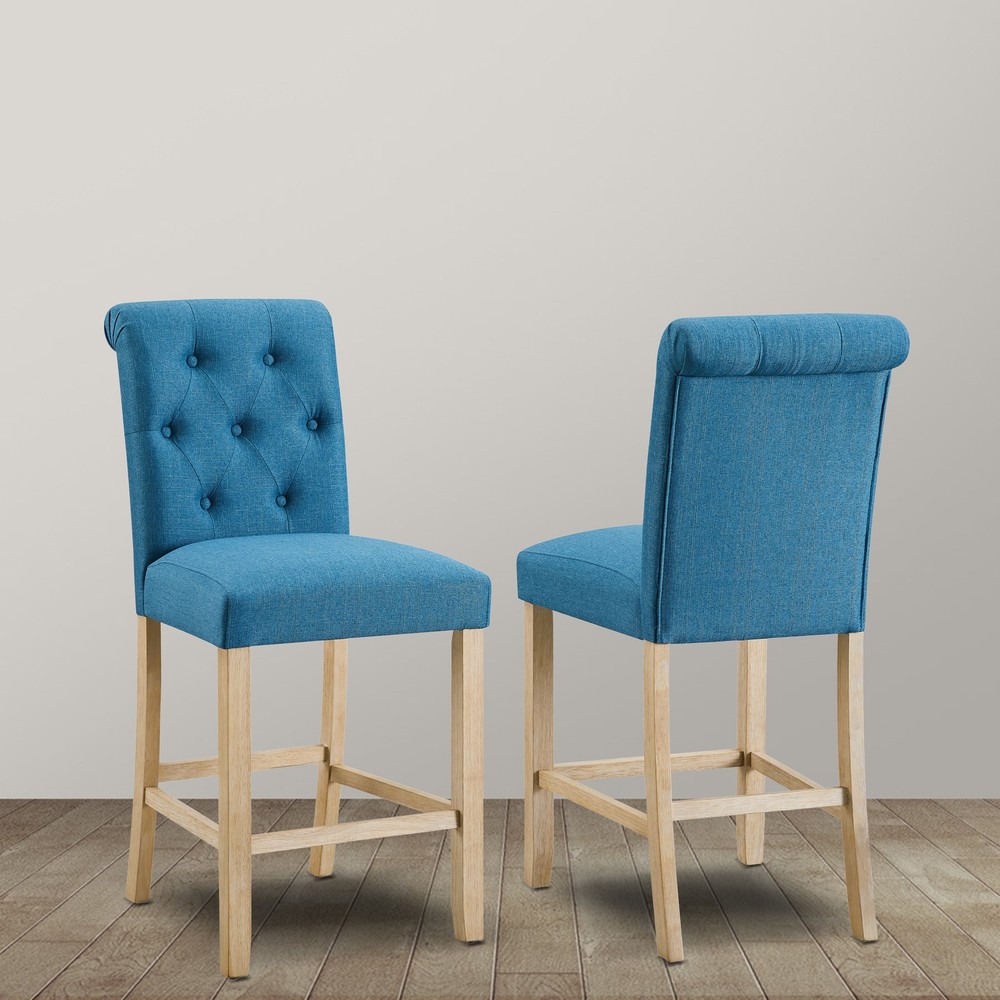 Counter Height Button Tufted Back Solid Wood Stools, Set of 2, Blue