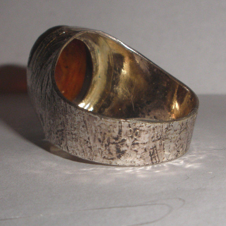 Large sterling silver modernist textured amber signed ring size 13
