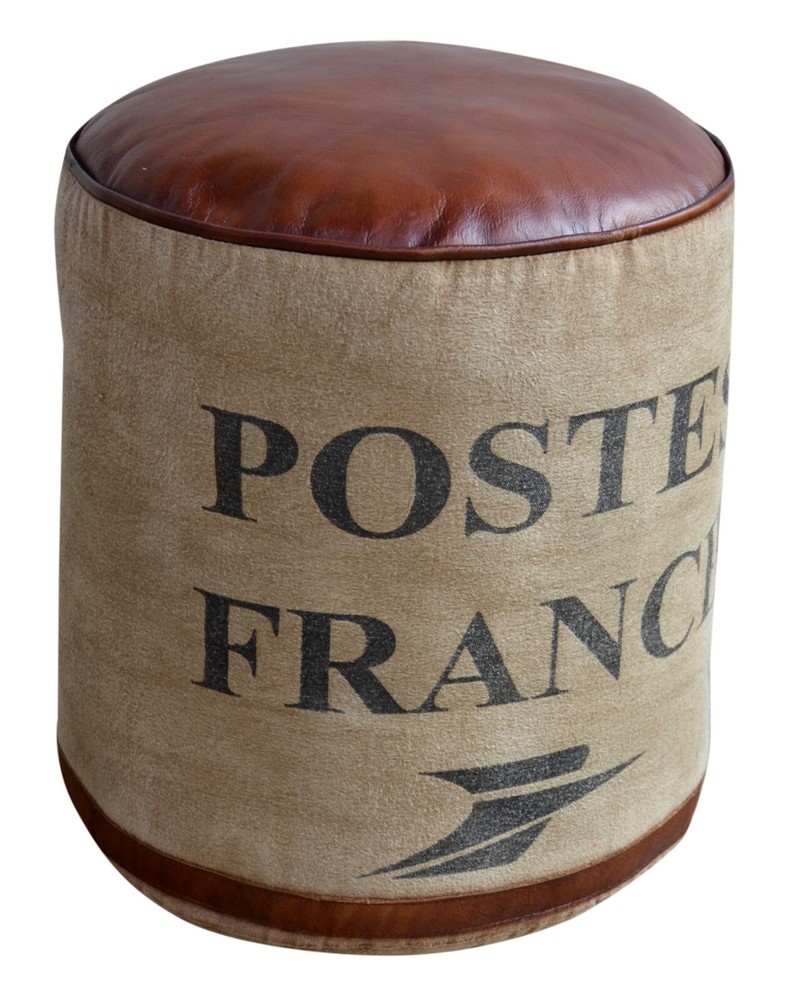 Round Canvas Pouf POST topped with Brown Leather Seat