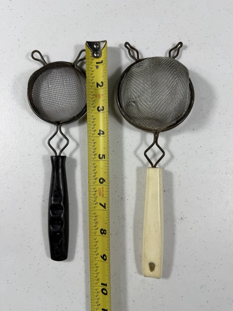 Vintage Pair Mini Tea Strainers Bakelite & Celluloid Handles Wire Mesh