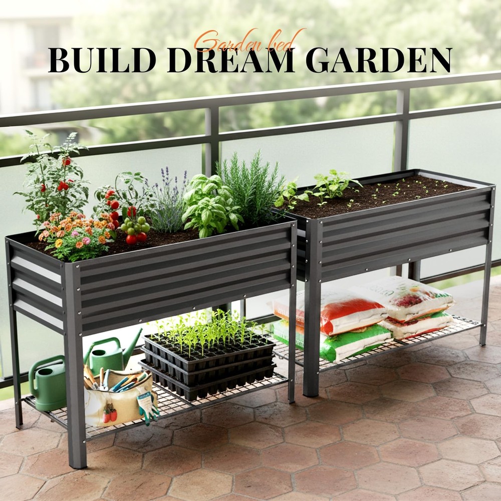 Large Raised Garden Bed with Legs & Storage Shelf Galvanized Elevated Planter...