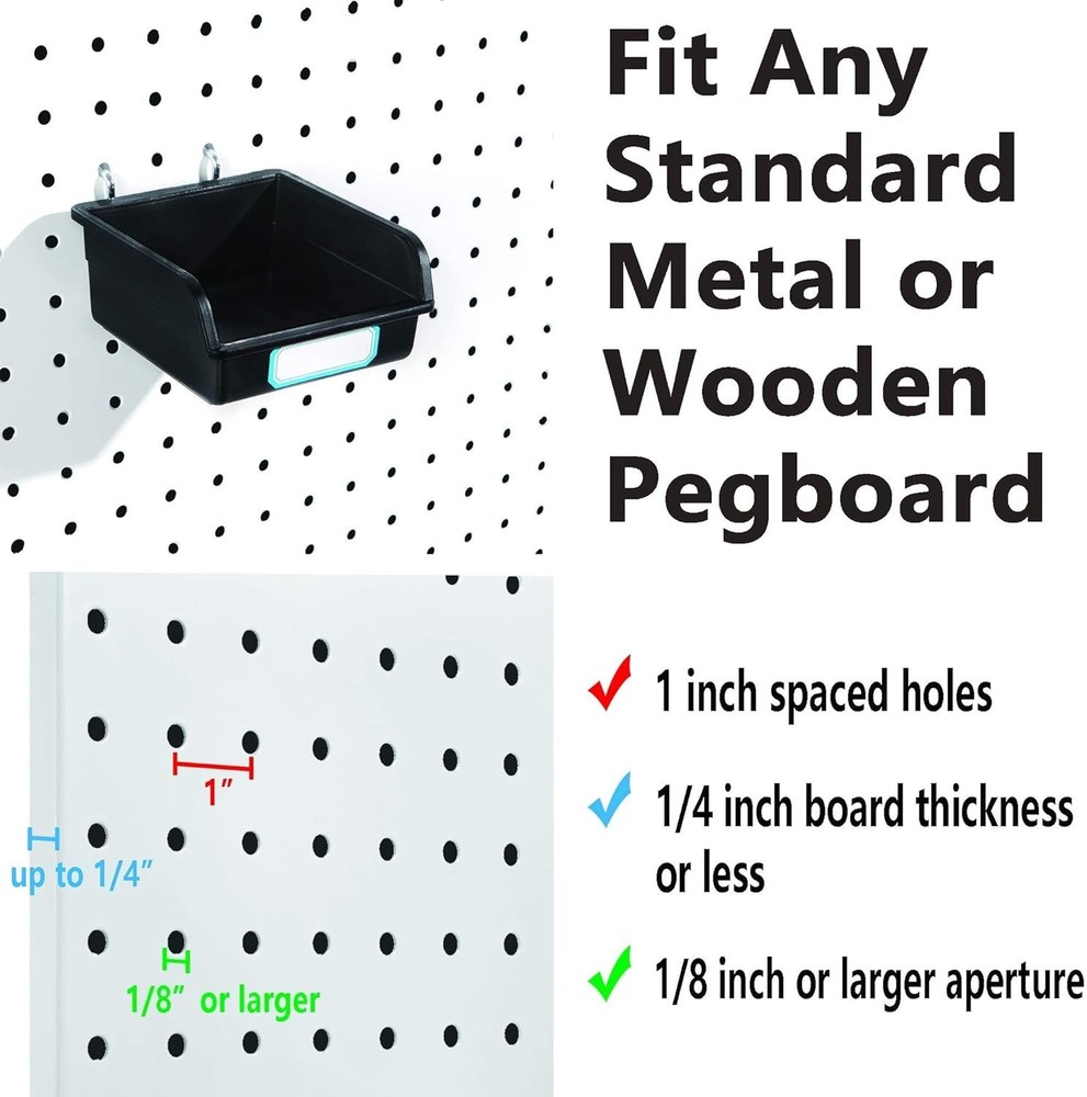 Space-Saving 10-Pack Black Pegboard Bins with Hooks & Labels - Organize Tools