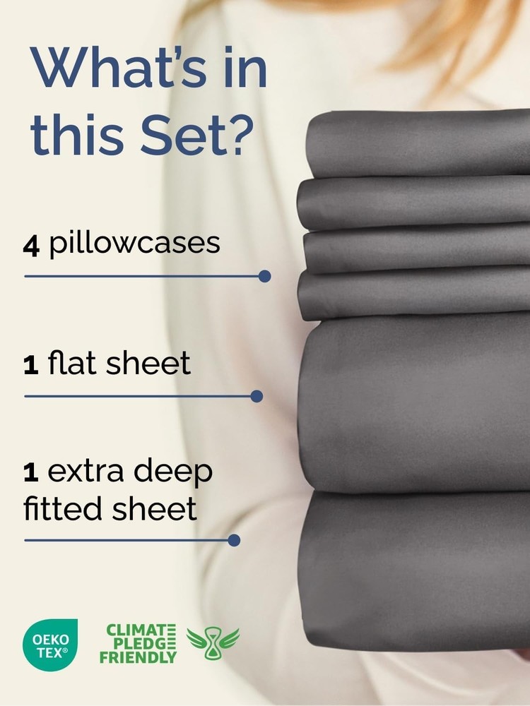 Extra Deep Queen Sheet Set - 6 Piece Luxury Cooling Microfiber Bedding - Grey