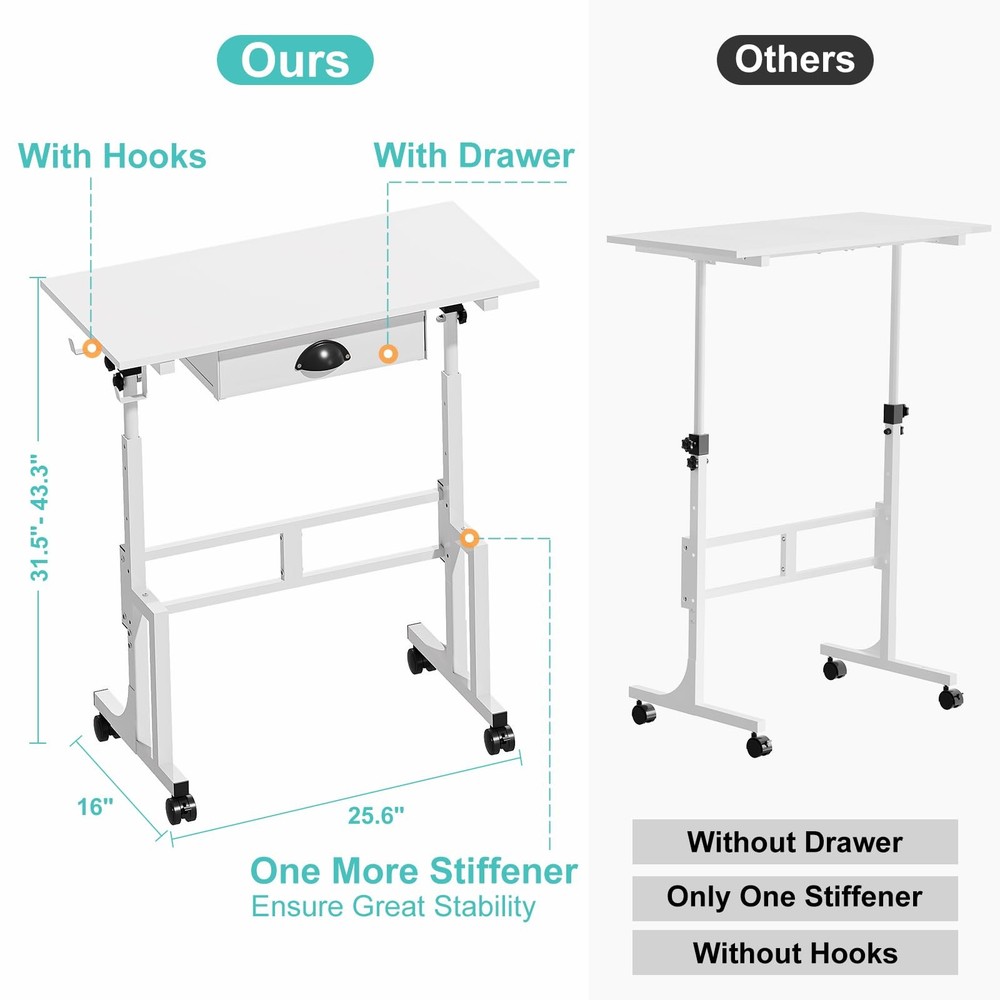 Small White Standing Computer Desk with Drawers,Height Adjustable Home Office Si