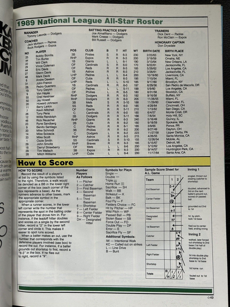 1989 MLB Baseball ALL-STAR Game Program Schmidt, Bonilla, Ripken Jr, Boggs, Ryan