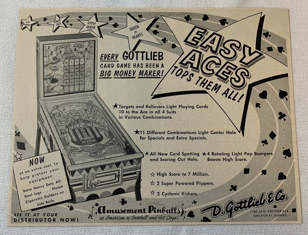 1956 Gottlieb pinball machine trade ad ~ EASY ACES