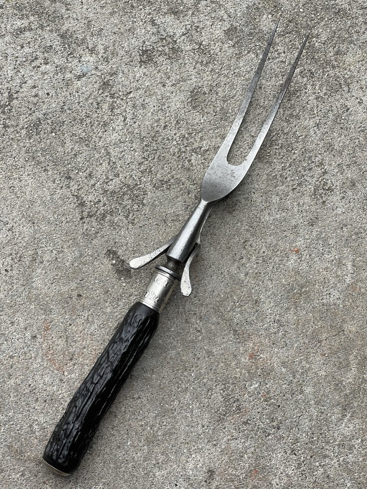 Antique Meat Carving Fork w/ synth black Stag Handle Sterling Silver Collar NICE