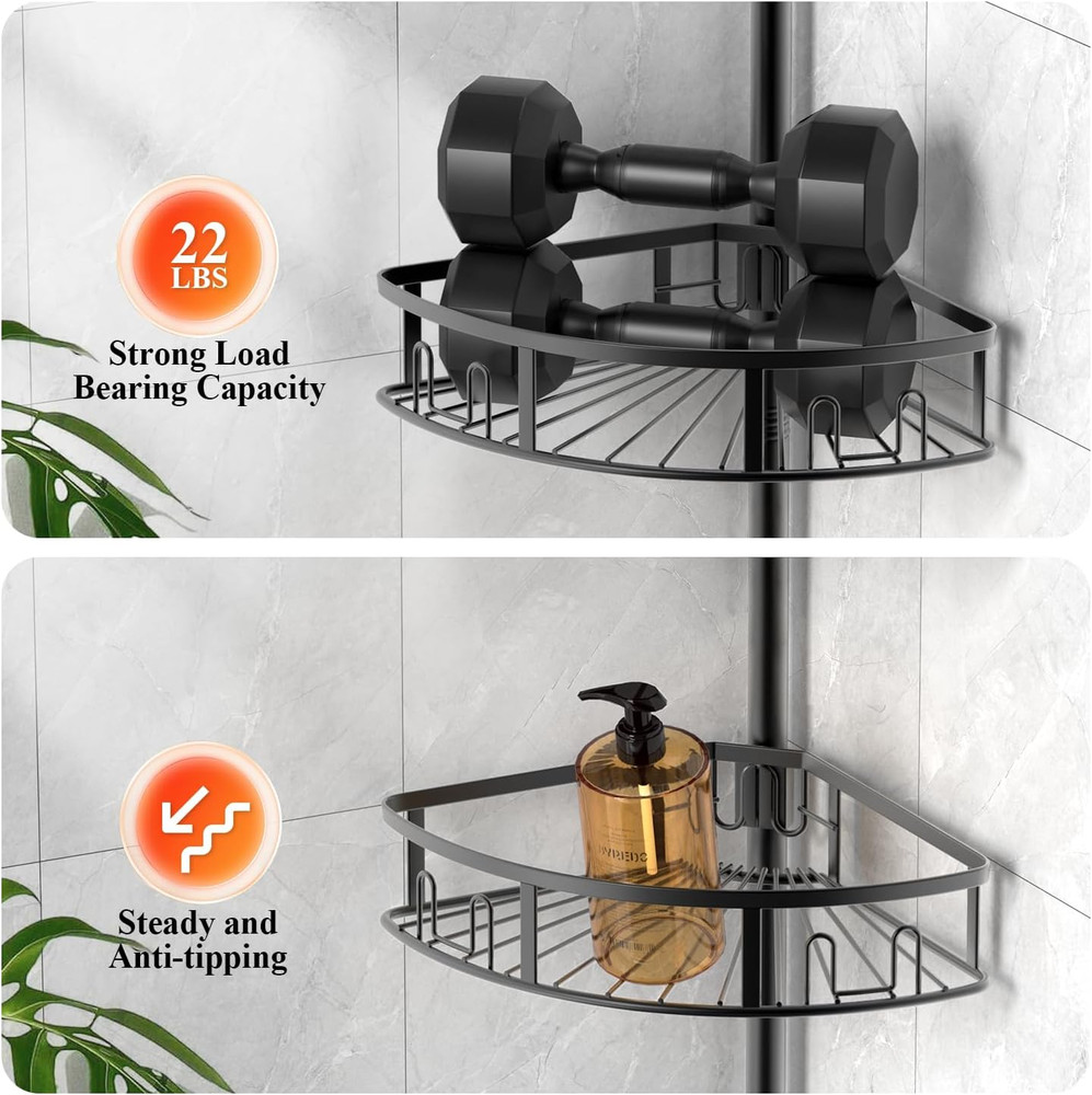 Rustproof 4-Tier Corner Shower Caddy with Adjustable Tension Pole - Black