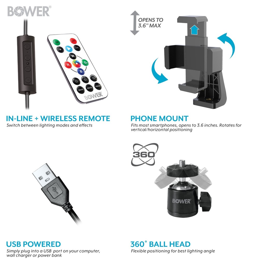 Bower 12" Foldable Ring Light with Adjustable Stand and Remote Control- Black