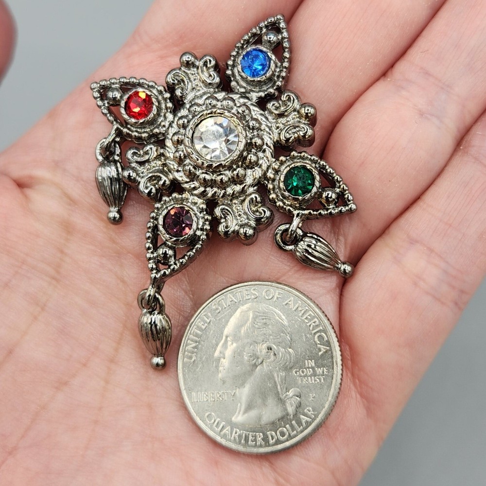 Bob Mackie Maltese Cross Multi Color Silver Tone Dangle Brooch