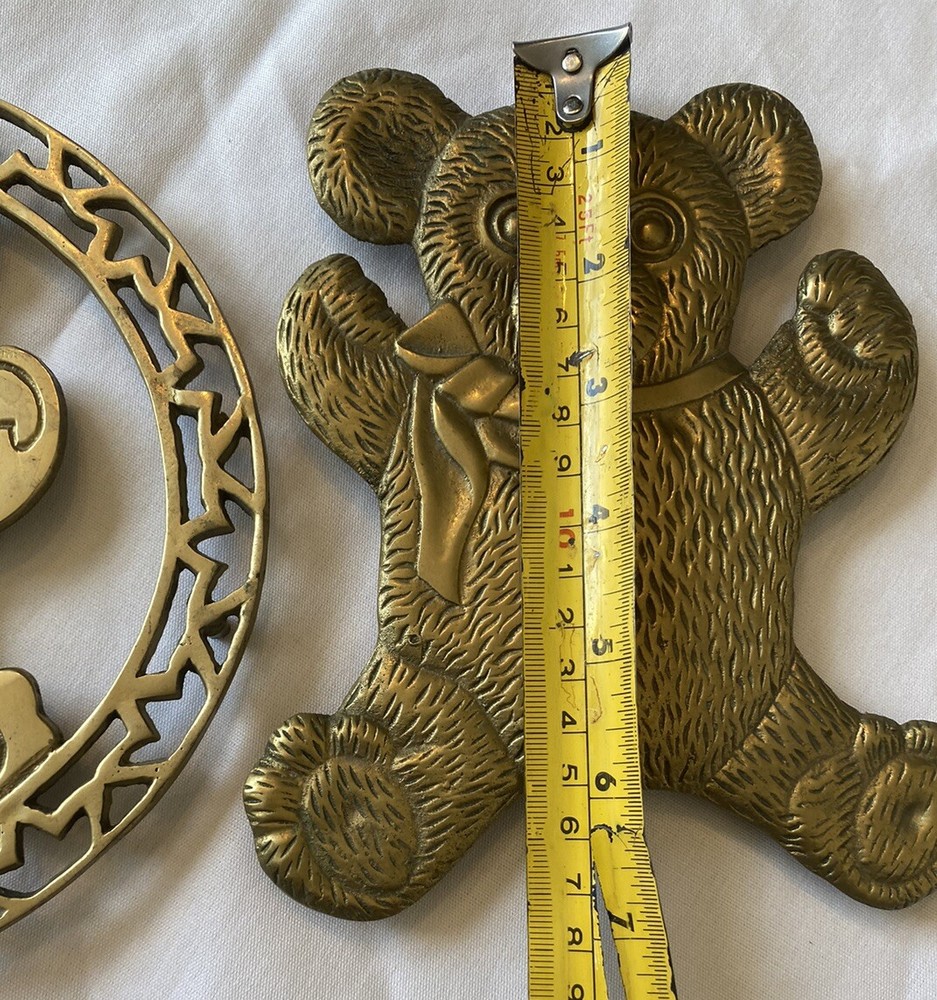 2 Vintage Solid Brass Trivets Footed Teddy Bears Gold Hanging Countertop