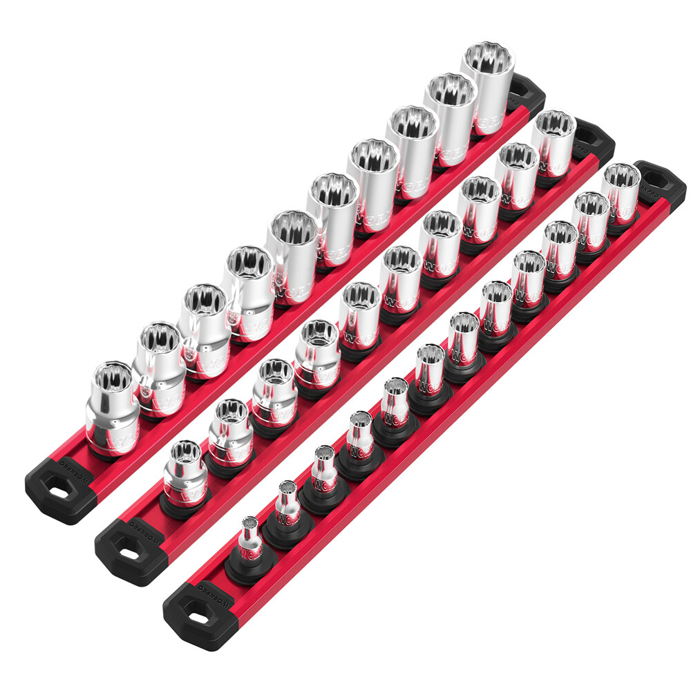 WORKPRO 3-PACK Magnetic Socket Organizer Set 1/4" 3/8" 1/2" Drive Socket Holder