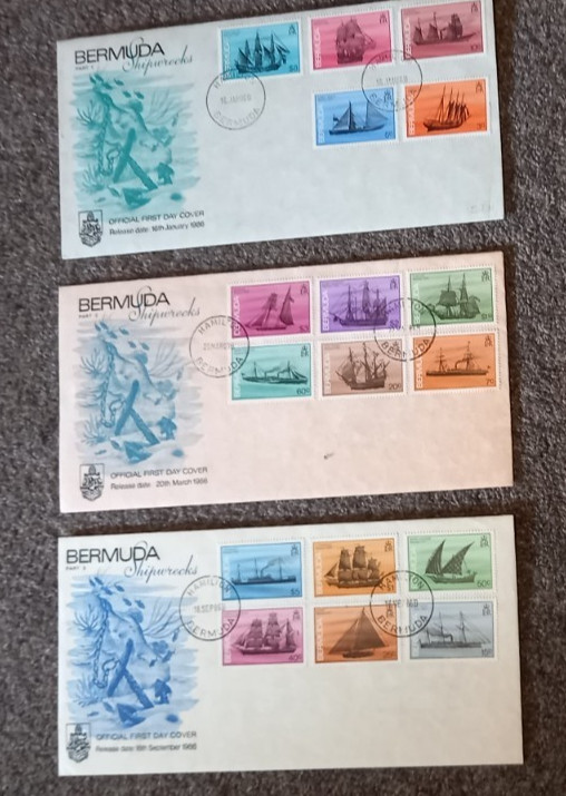 Bermuda 1986 Shipwrecks 3 Official FDCs, complete