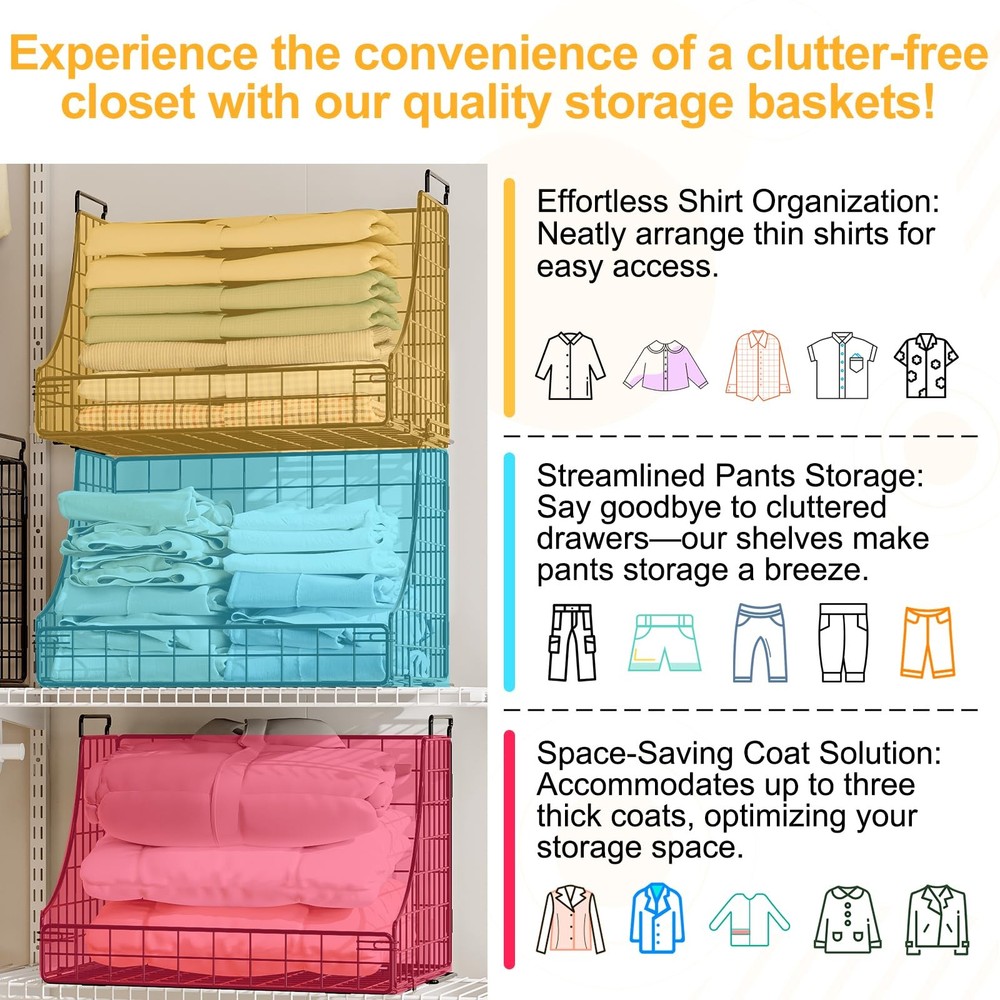 Lyuwanxian 4-Pack Stackable Wire Baskets for Closet Organizers and Storage, O...