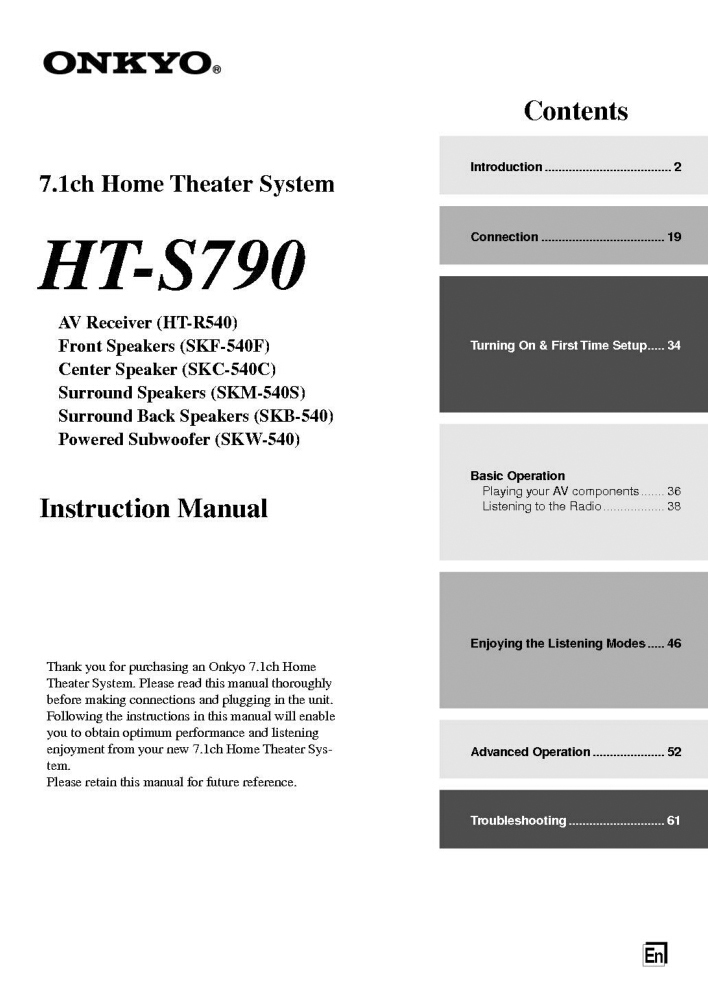 Onkyo Integra HT-S790 Receiver Owners Instruction Manual