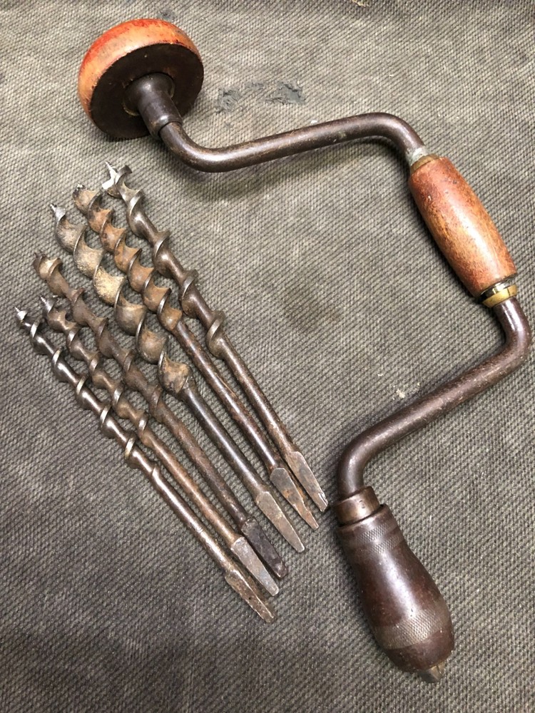 Antique Vintage Hand Crank Drill w/Auger Bits