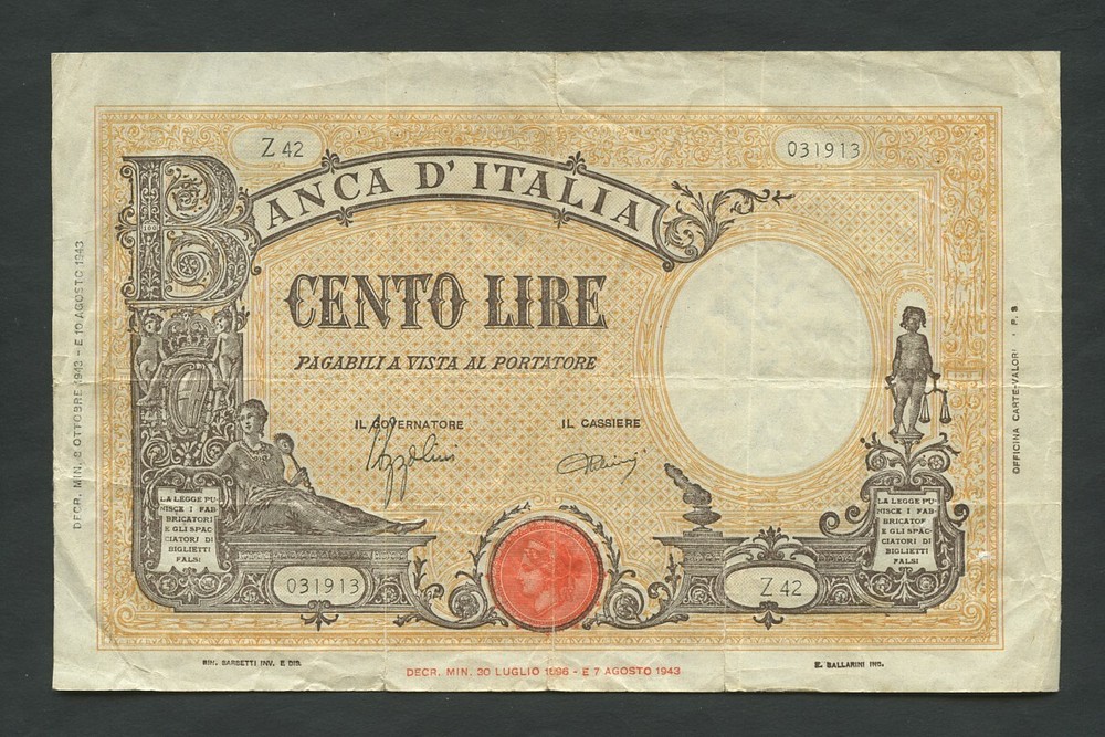 ITALY 100 lire 1943 Krause.67a GF Banknotes