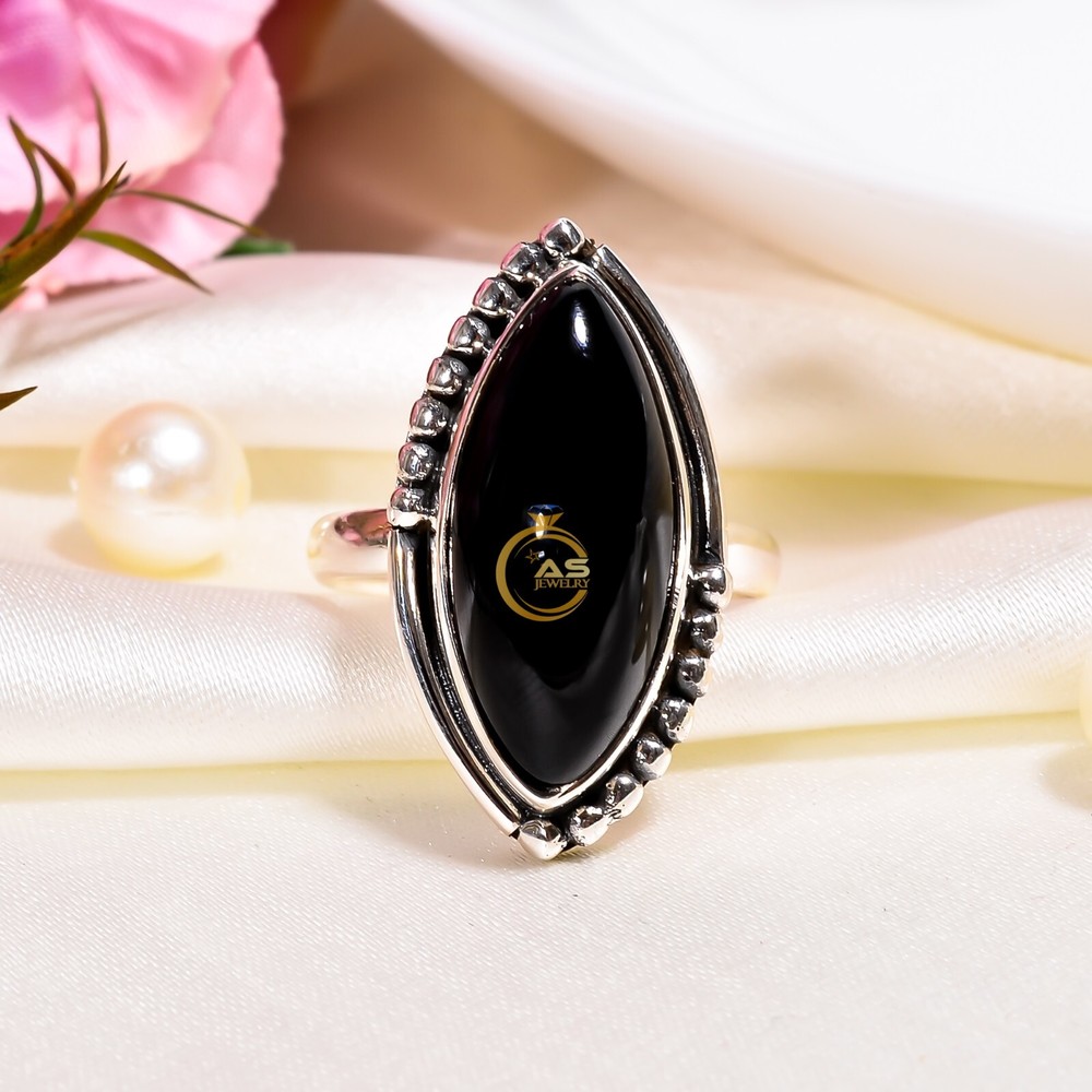 Natural Black Onyx Gemstone Black Stone 925 Sterling Silver Statement Ring