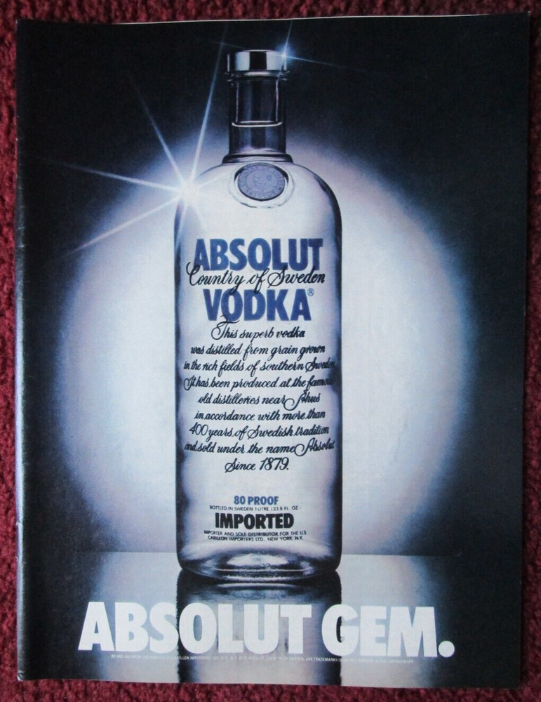 1982 ABSOLUT Vodka Print Ad ~ ABSOLUT GEM, Imported from Sweden