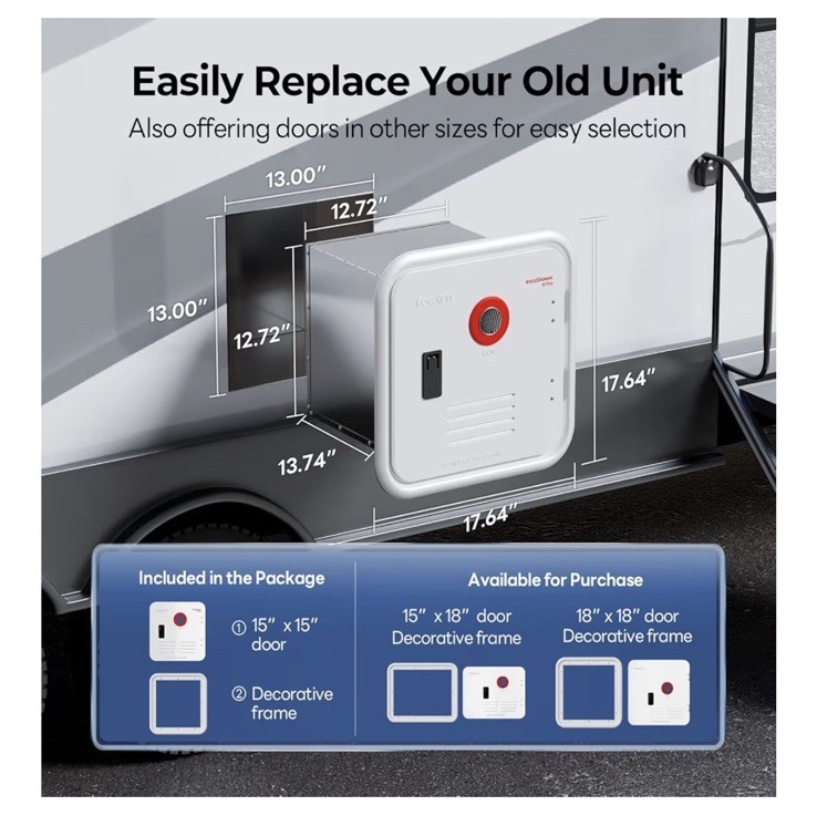 FOGATTI RV Tankless Water Heater, 15"×15" White Door and Remote Controller