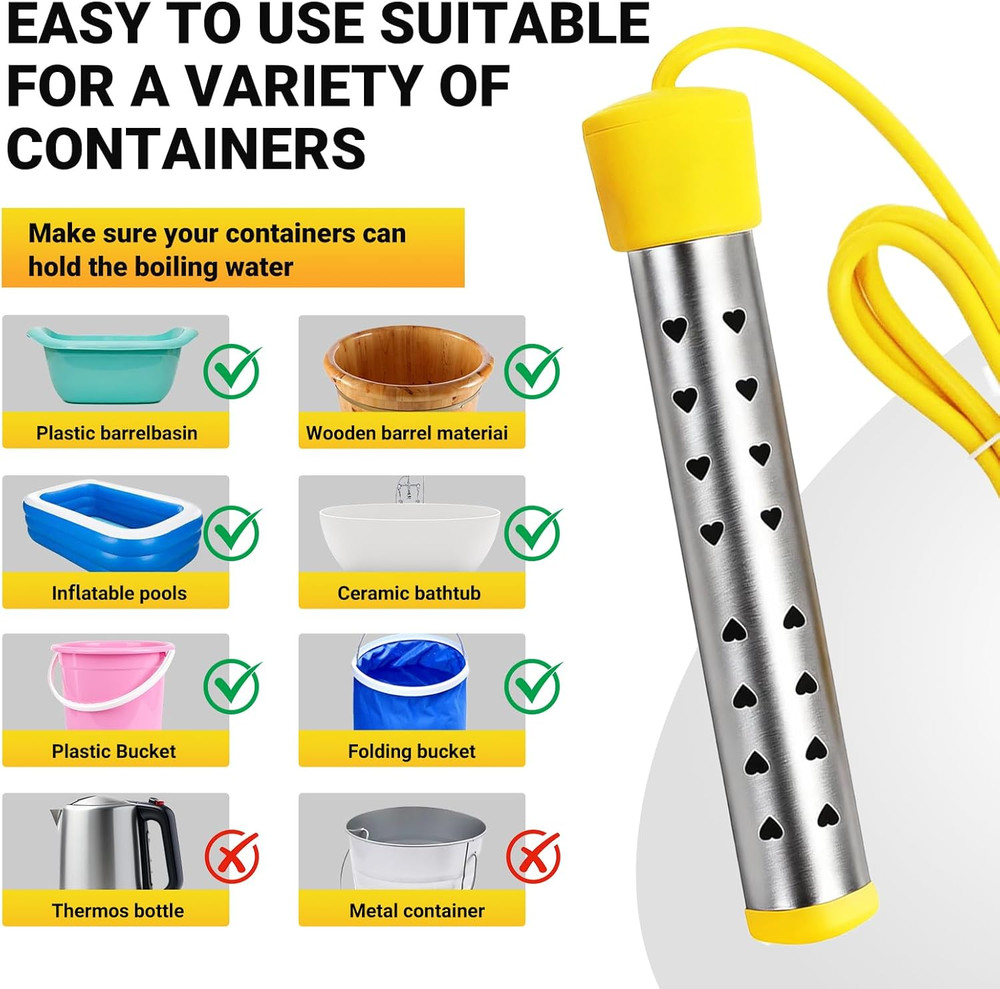 Immersion Water Heater Electric, Portable Bucket Heater with 304 Stainless Steel