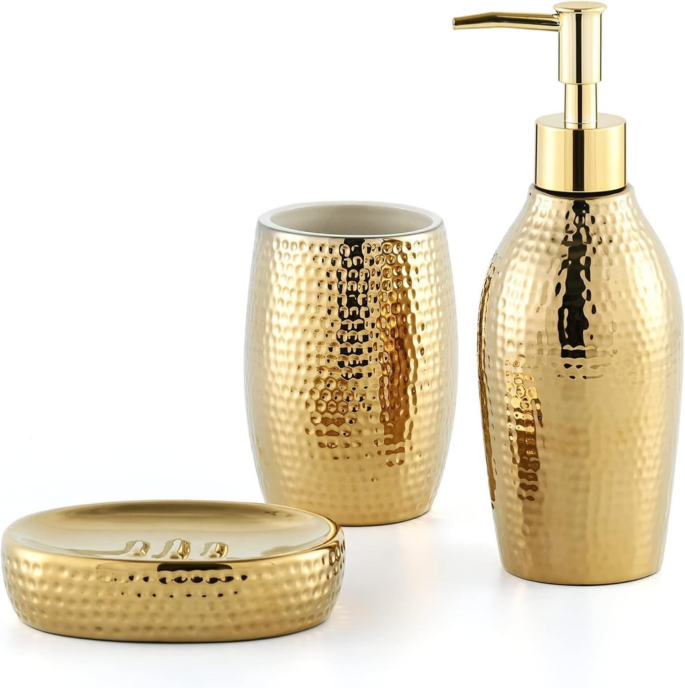 Gold Bathroom Accessory Set - 3 Piece Decorative Ceramic Bathroom Accessories Se