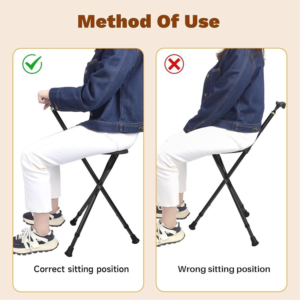 Brown Folding Cane Stool with Seat – Lightweight Adjustable Walking Cane for ...