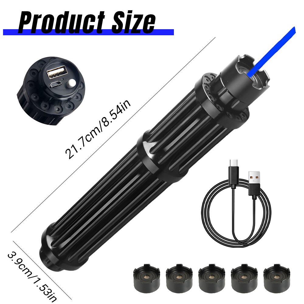 Adjustable High Power Blue Burning Laser Pointer Visible Dot Torch Light 5-head