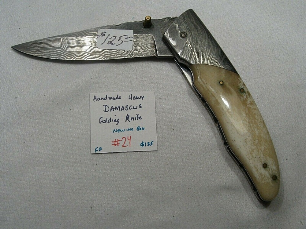 Handmade Heavy DAMASCUS Folding Knife - New No Box.  #24