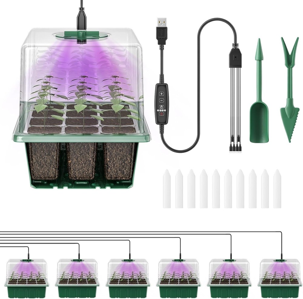 Pawfly 6 Pack Seed Starter Kit, 72 Cells, Seed Starter Trays with Adjustable Gro