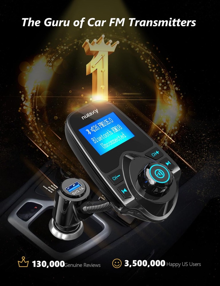 Nulaxy Car Bluetooth FM Transmitter [2024 Upgraded], 1.44" Display Black