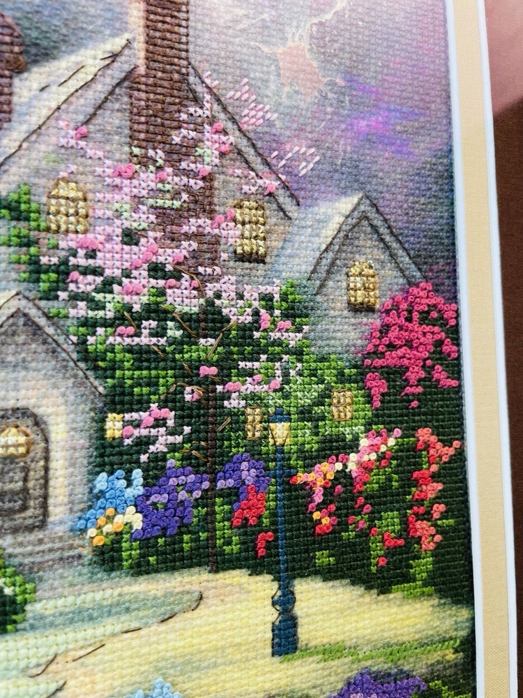 Thomas Kinkade "Beyond Spring Gate" Completed Cross Stitch Matted Framed 24”x21”