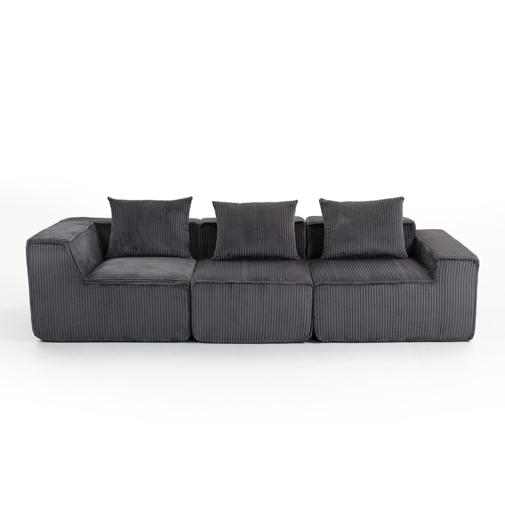 Dark Gray Corduroy Modular Sectional Sofa, 3-Seat Deep Seating