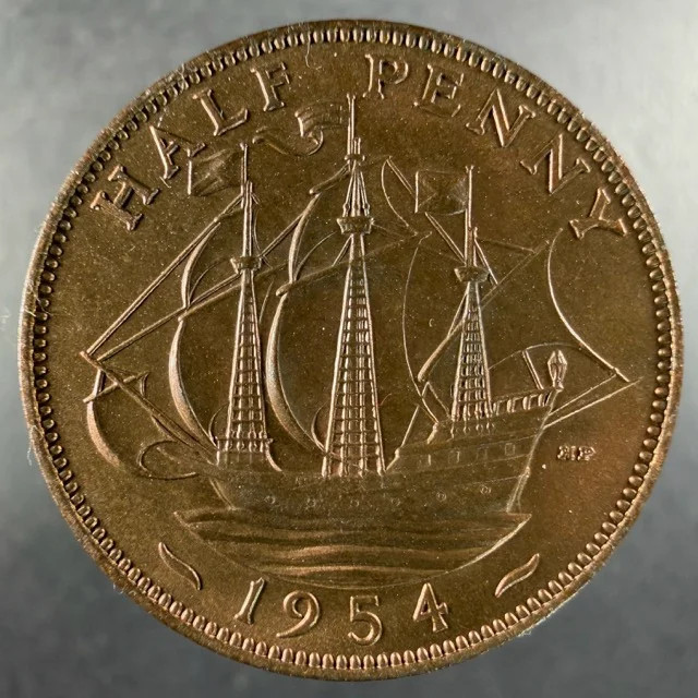 1954 Great Britain Half Penny Ship Reverse Sharp Features