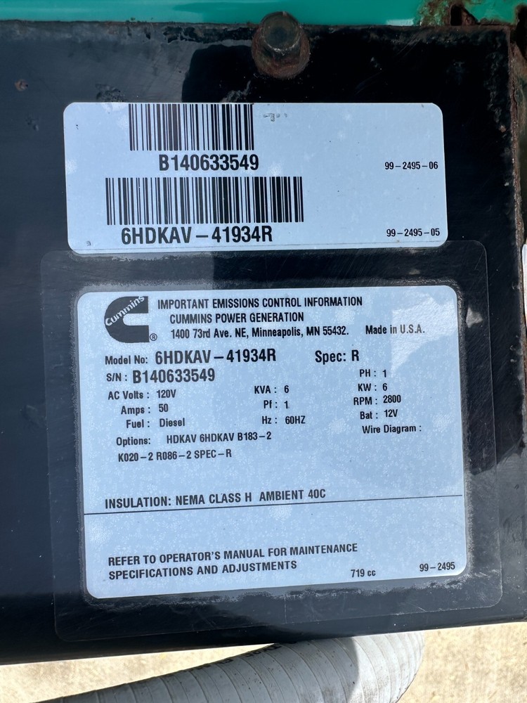 Cummins Onan generator 6KW 1245 hours