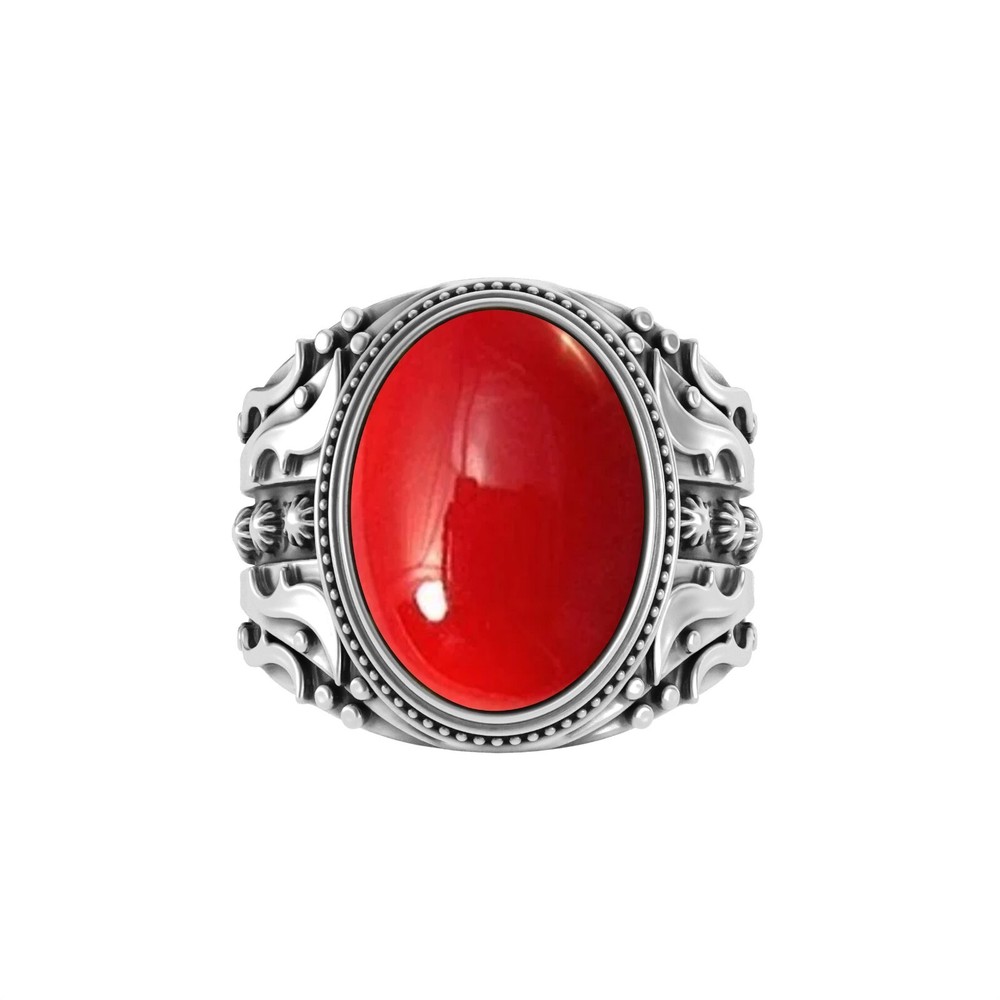Solid 925 Sterling Silver Coral Gemstone Handmade Oval Ring For Men