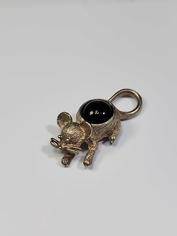 Mouse With Black Stone Lapel Pin Silver Color Metal