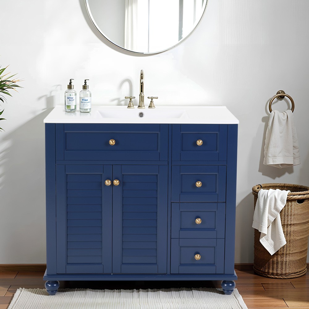 36" Blue Bathroom Vanity with Ceramic Sink, Soft-Close Drawers, Solid Wood Frame