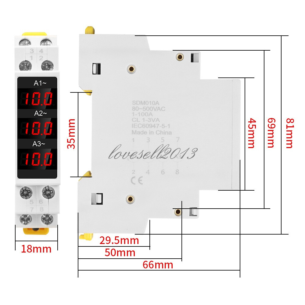 AC 80-500V 1-100A DIN-Rail Three-Phase AC Ammeter Digital Display Current Meter