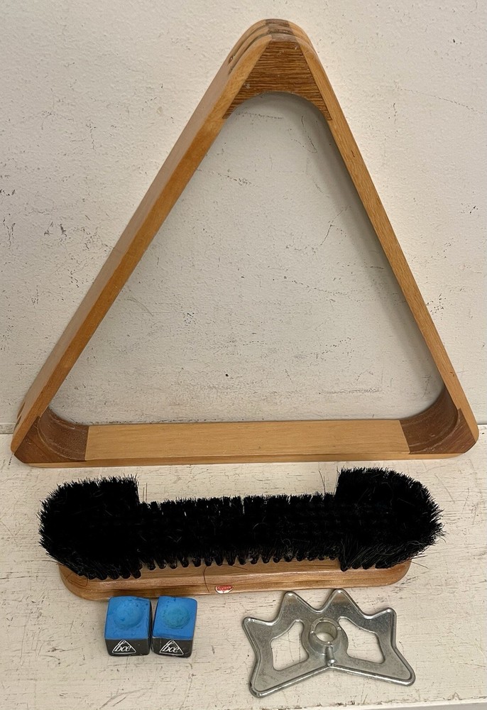 Vtg Billiards Pool Set Triangle Rack, Brush, Bridge, Chalk